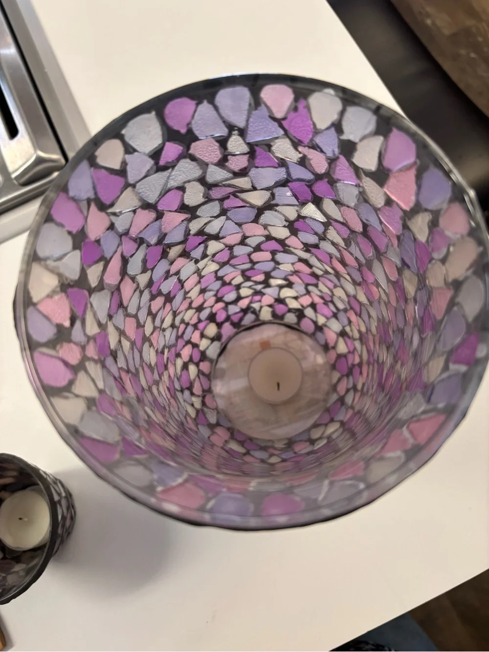 Vintage Mosaic Glass Hurricane Candle Holder Set Home Interiors Purple & Pink